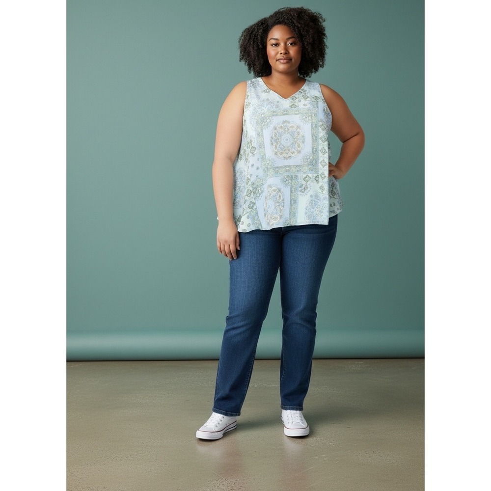 Lane Bryant Womens Plus 22 Blue Paisley Patchwork V-Neck Sleeveless Tank Top